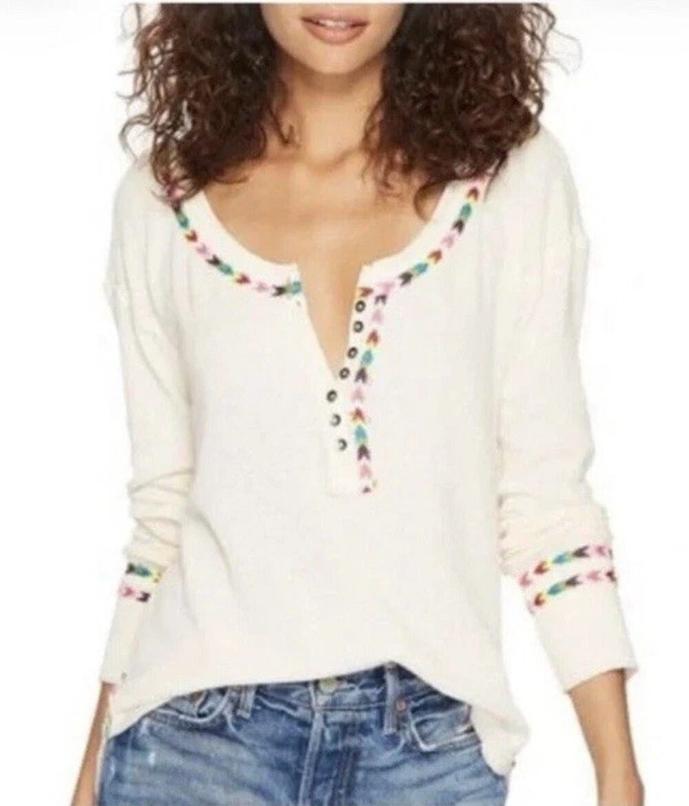 We The Free People Rainbow Waffle Thermal Henley Top Size M Ivory Boho